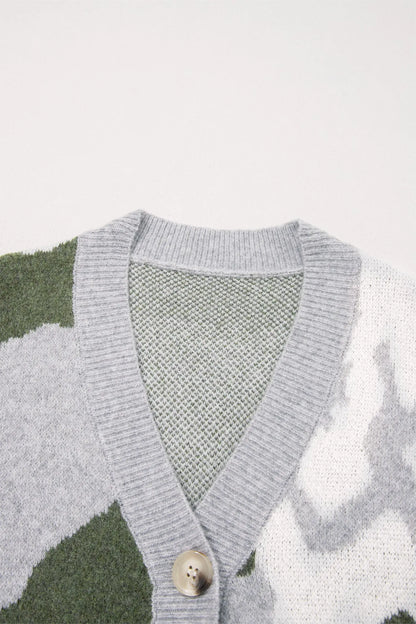 Green Camouflage Drop Shoulder V Neck Button Front Cardigan