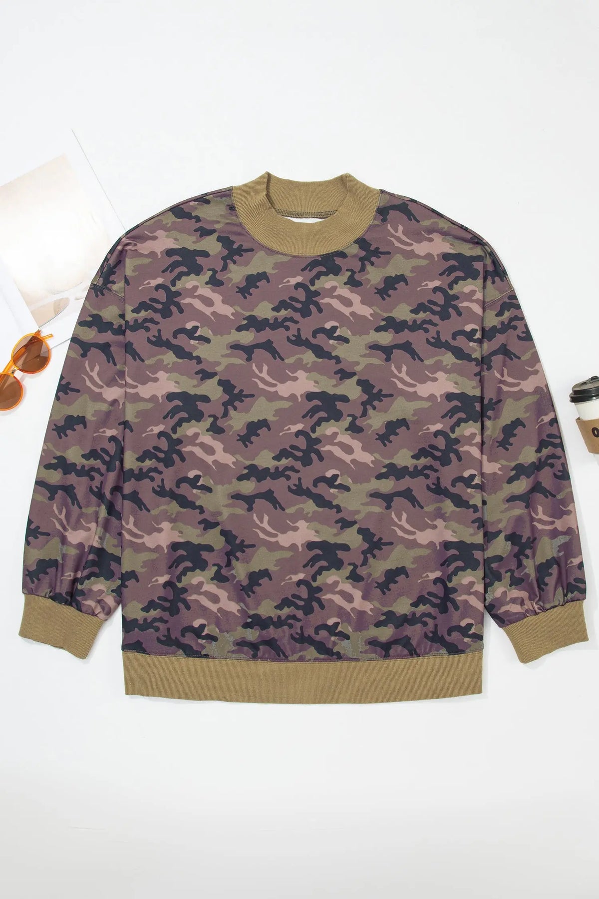 Green camouflage print high neck plus size sweatshirt flat lay view · nz-alt-v1