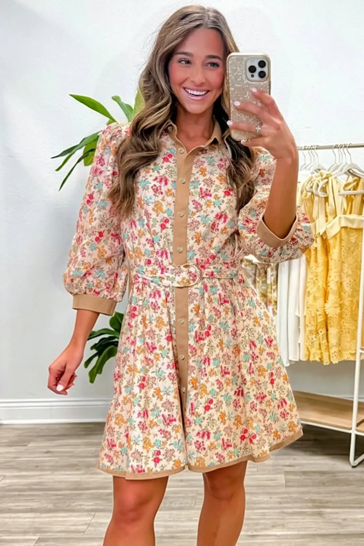 Orange Floral Print Button Down 3/4 Sleeve Belted Mini Dress model front view · nz-alt-v1