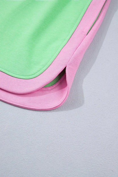 Green Color Block Accent Half Zip Top Athleisure Shorts Set