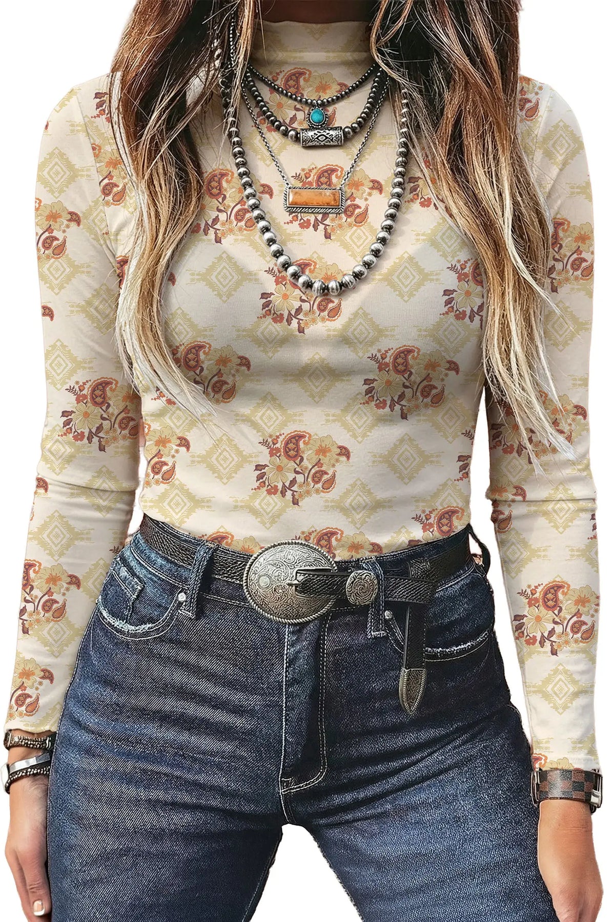 Apricot Floral Print Slim Fit Mesh Long Sleeve Mock Neck Top model front view · nz-alt-v1