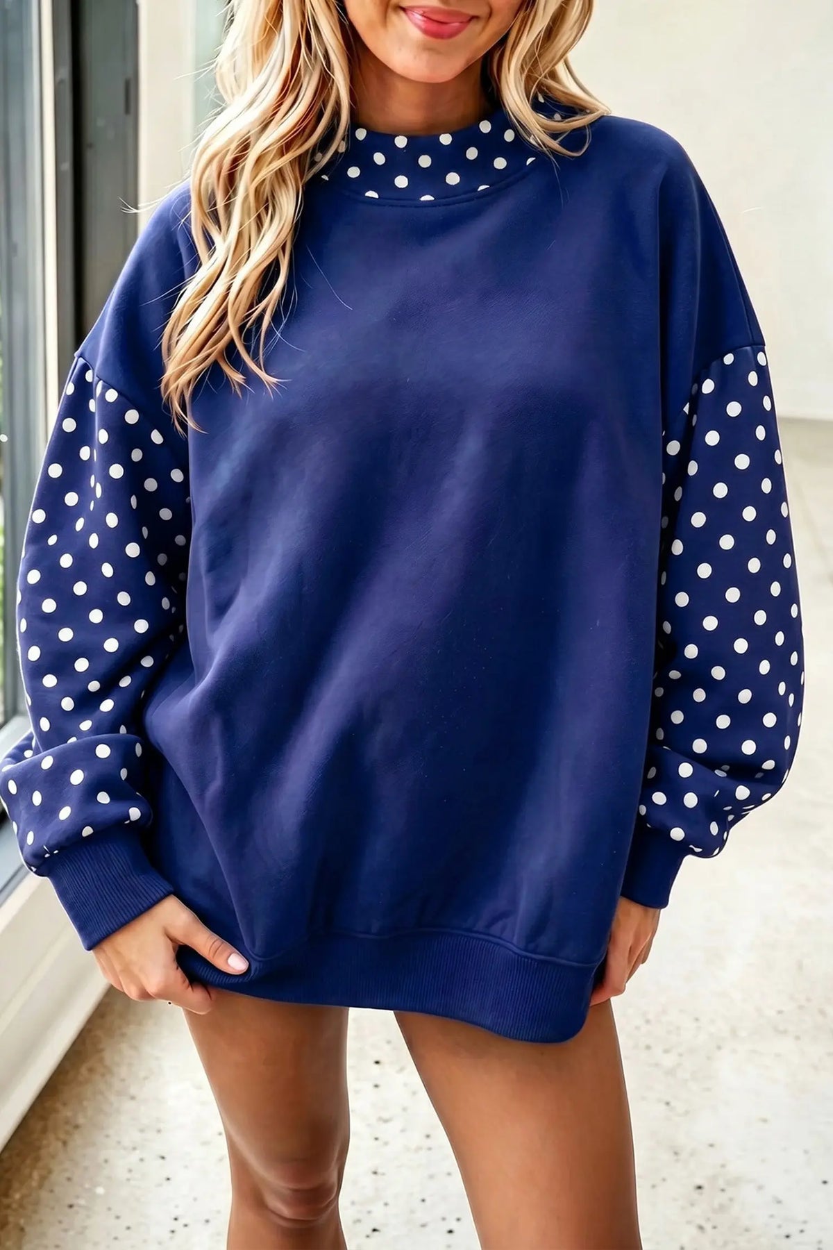 Fiery Red Polka Dot Contrast Round Neck Long Sleeve Baggy Sweatshirt