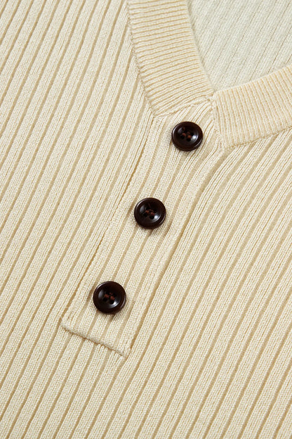 Apricot V Neck Ribbed Knit Striped Trim Short Sleeve Sweater Nataliz