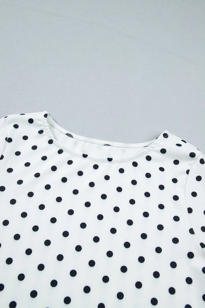 Black Polka Dot Print Lettuce Trim Long Sleeve Top