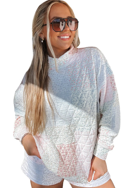 Multicolour Floral Quilted Mock Neck Top and Short Set