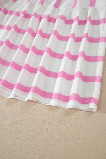 Green Stripe Ricrac Trim Notched Neck Half Sleeve Vacation Dress
