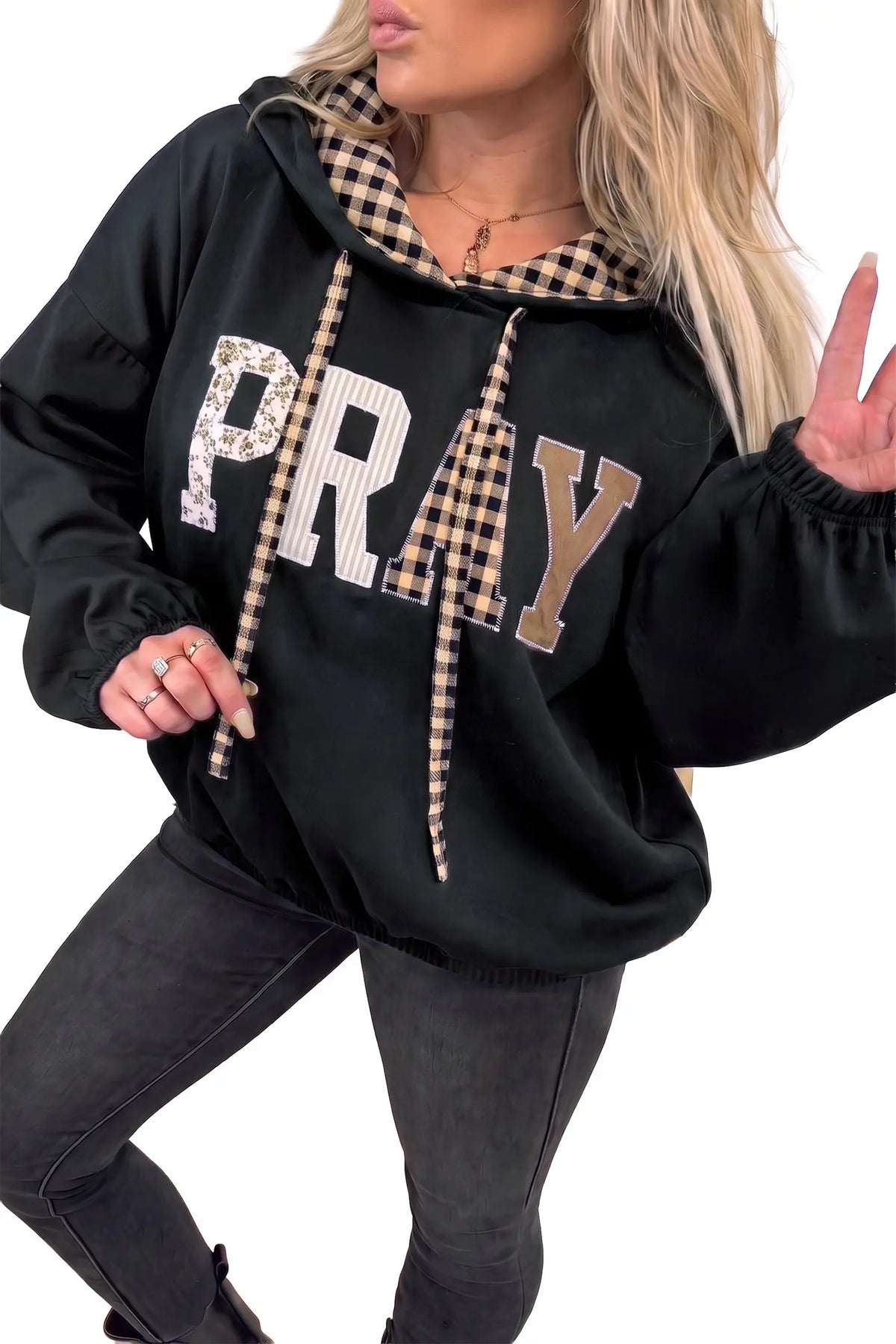 PRAY Mix Pattern Letter Graphic Plaid Contrast Drawstring Hoodie