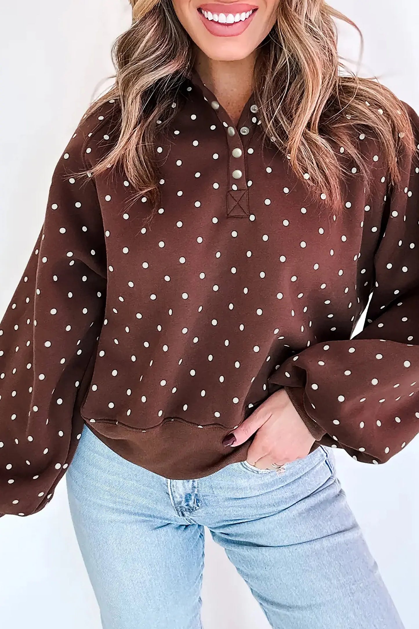 Pink Polka Dot Print Metal Button Collar Casual Pullover Sweatshirt