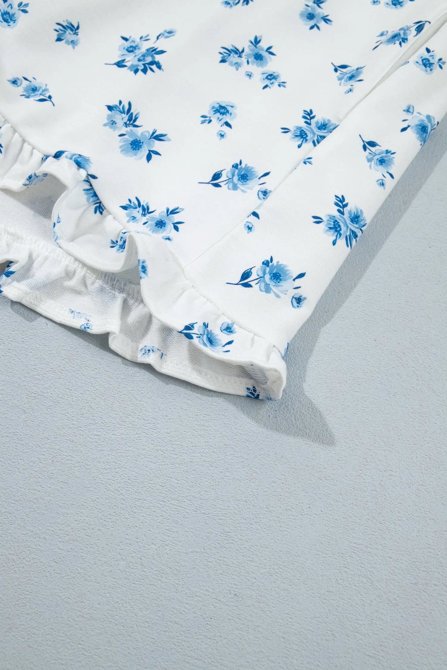 Sky Blue Floral Print Long Sleeve Top Elastic Waist Ruffle Hem Shorts 2pcs Set