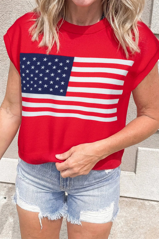 Fiery Red Stars and Stripes Dolman Short Sleeve Sweater Nataliz