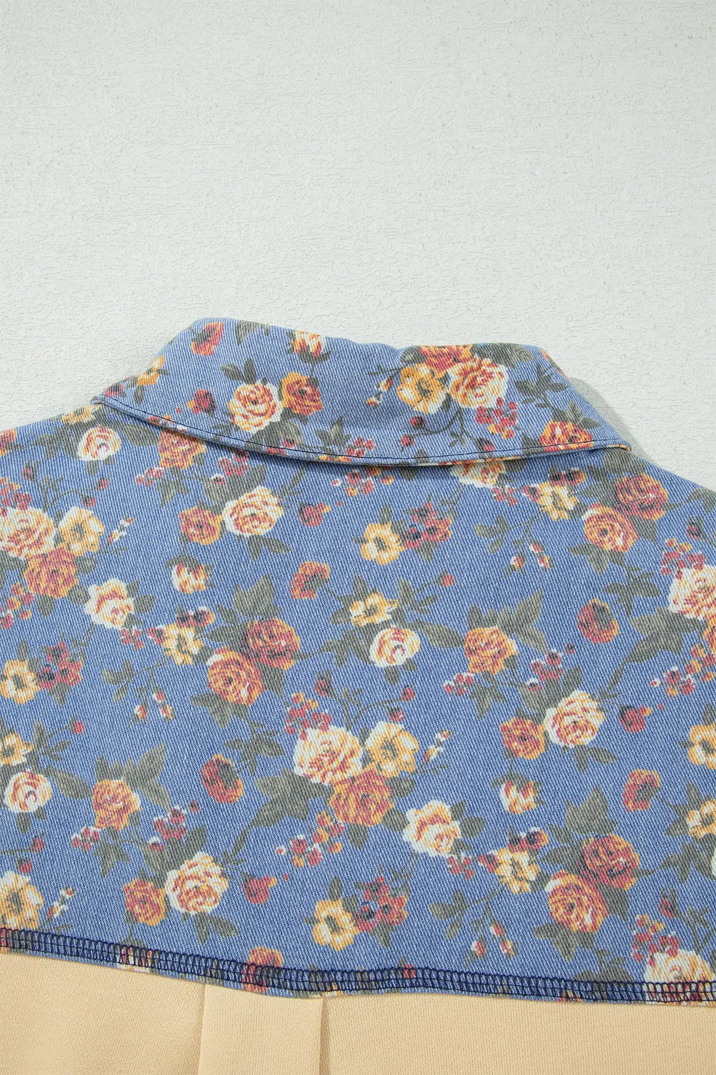 Apricot Floral Denim Patchwork Collar V Neck Long Sleeve Pullover Top