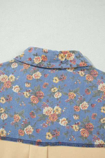 Apricot Floral Denim Patchwork Collar V Neck Long Sleeve Pullover Top