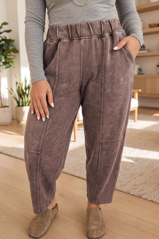 Coffee Mineral Wash Elastic Waistband Plus Size Barrel Pants model front view · nz-alt-v1