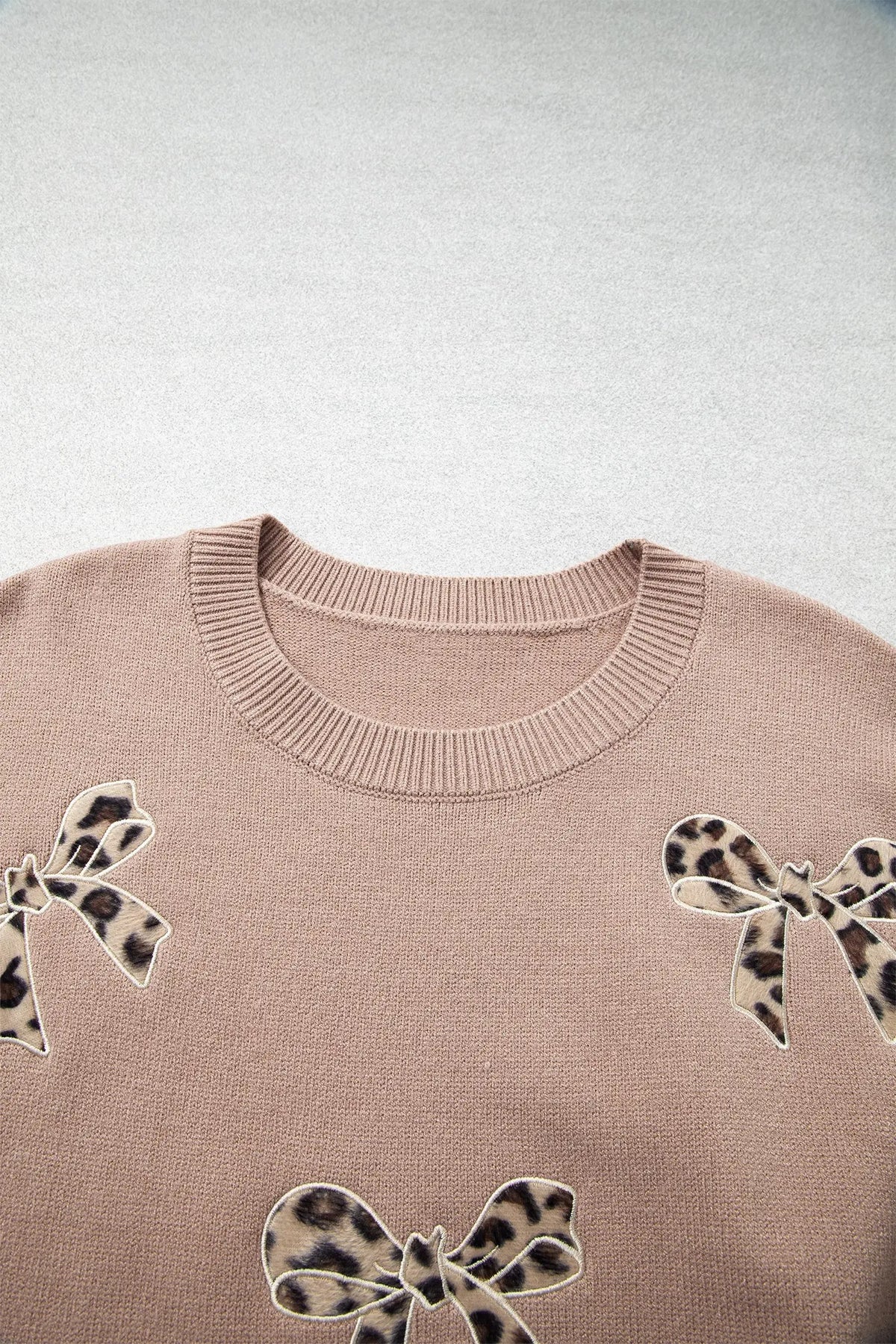 Dark Khaki Leopard Bow Embroidery Drop Shoulder Tunic Plus Size Sweater