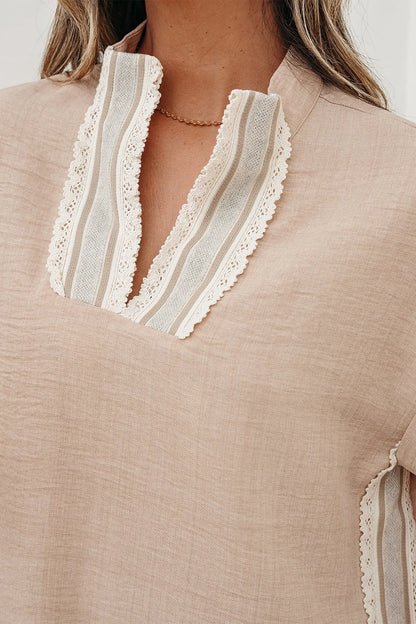 Parchment Crochet Lace Accent Pullover Rolled Short Sleeve Blouse Nataliz