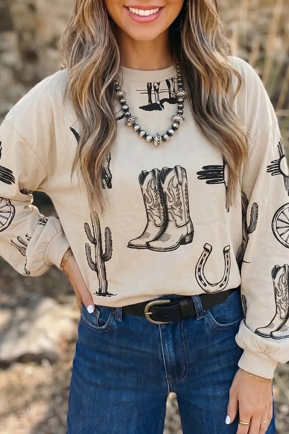 Khaki western print long sleeve round neck loose top model front view · nz-alt-v1