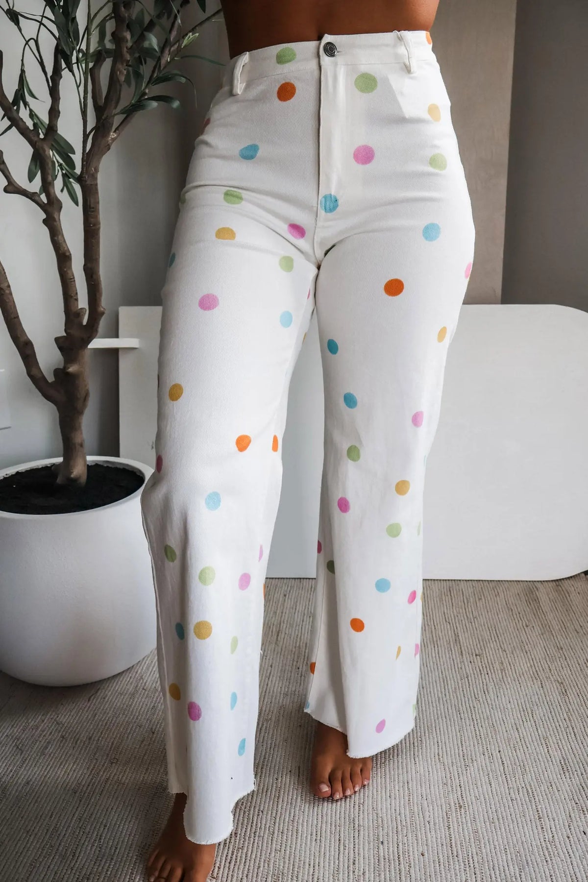 White High Waist Polka Dot Straight Leg Casual Jeans model front view · nz-alt-v1