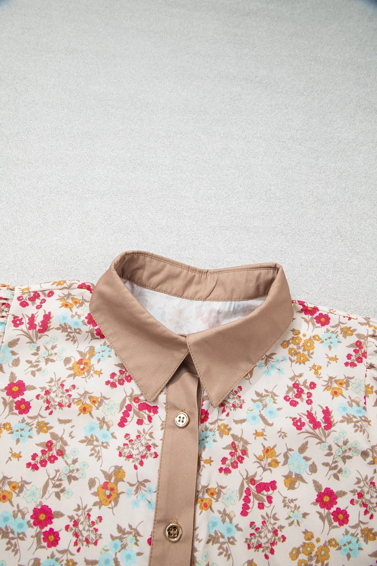 Orange Floral Print Button Down 3/4 Sleeve Belted Mini Dress collar and placket detail view · nz-alt-v1