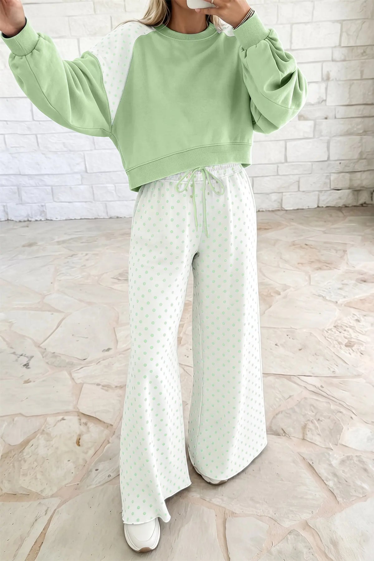 Pink Polka Dot Patchwork Colorblock Long Sleeve Casual Two Piece Pants Set