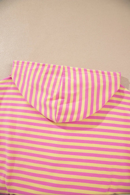 Rose Red Striped Long Sleeve Zip-Up Hoodie Drawstring Elastic Waist 2pcs Short Set