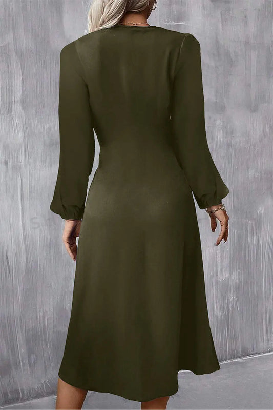 Jungle Green Solid Color Ruched Detail Long Sleeve Midi Dress