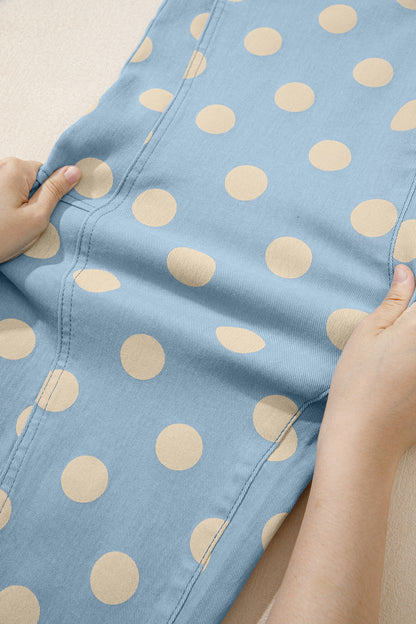 Sky Blue Polka Dot Print Bow Detail Pocketed Jeans