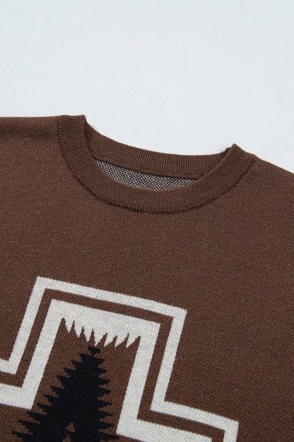 Brown Western Print Short Sleeve Knit Casual Sweater