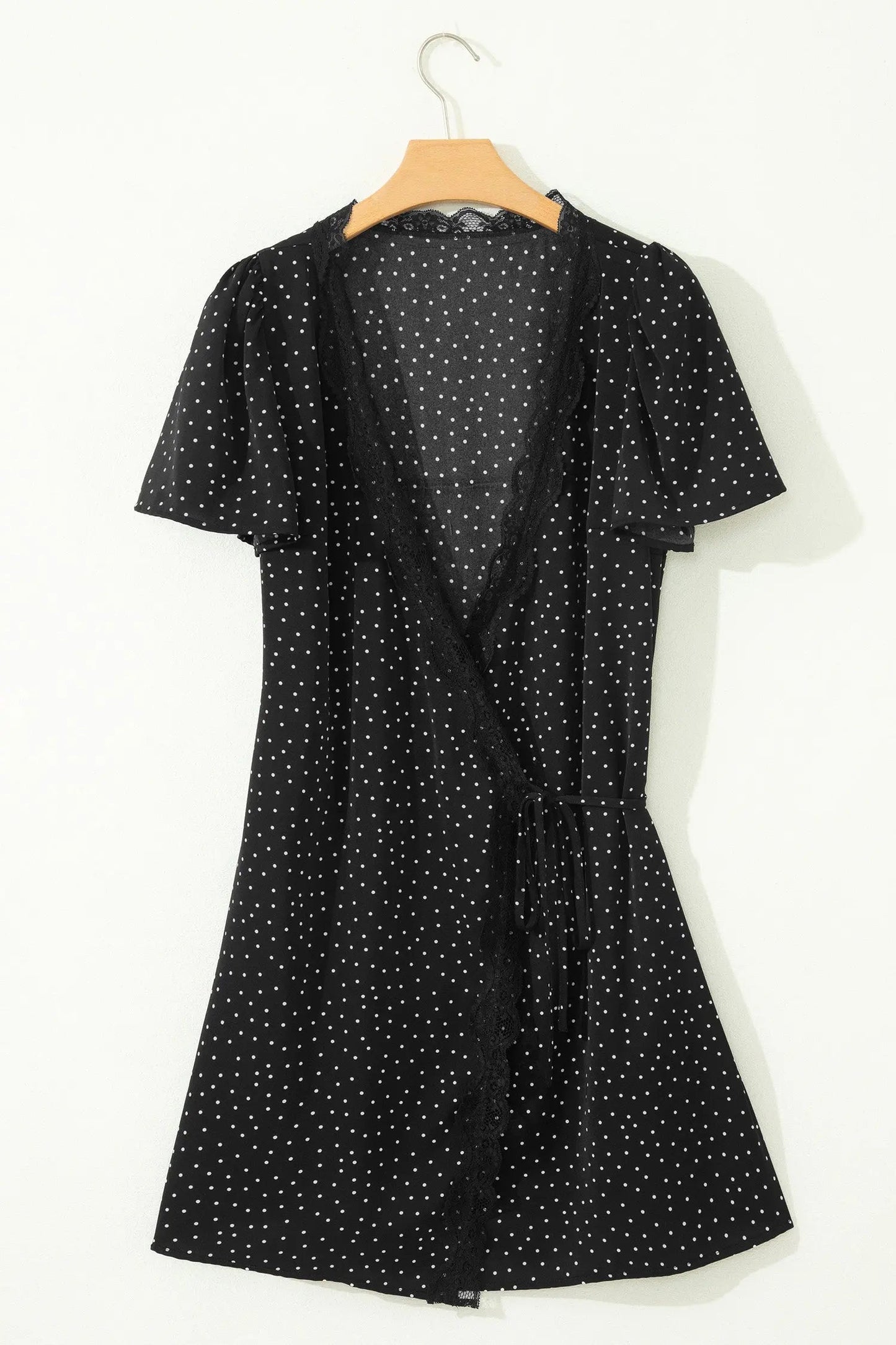 Black Polka Dot Print Lace Trim Wrap Mini Dress - Casual Dresses