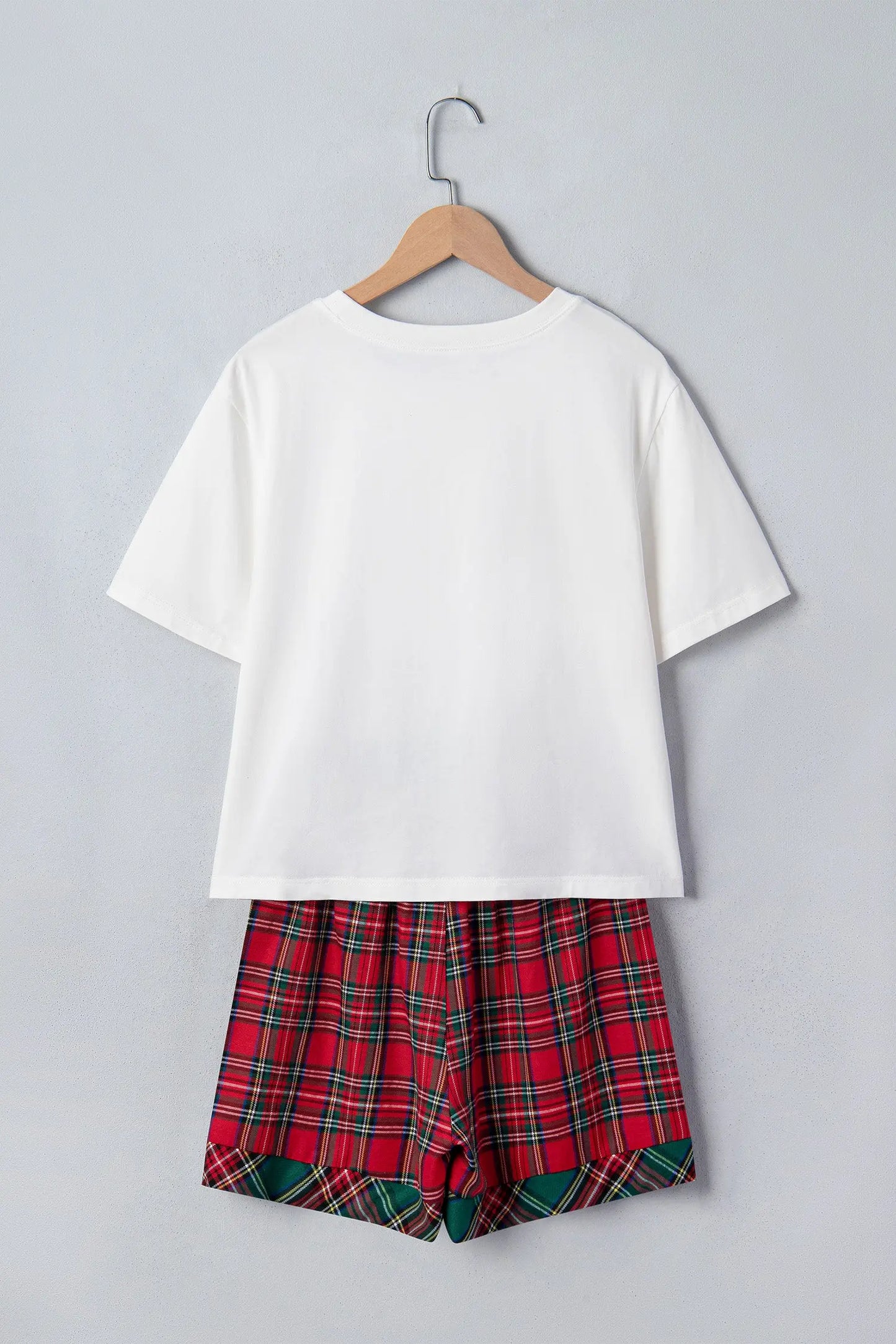 White Plaid Letter Print Short Sleeve Top Elastic Waist Pocket Shorts Lounge Set