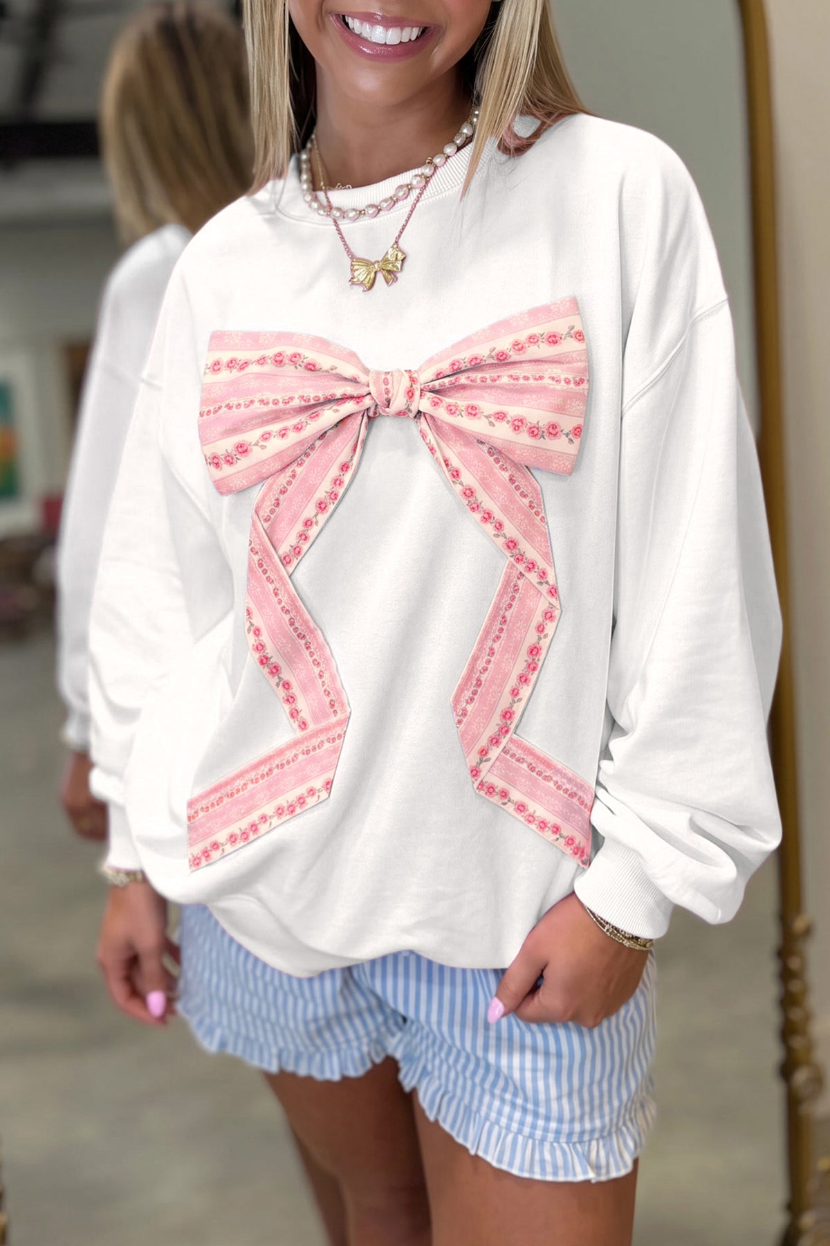 Floral Bow Decoration Drop Shoulder Long Sleeve Top