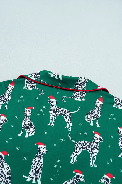 Green Long Sleeve Dog Print Two Piece Shift Lounge Set
