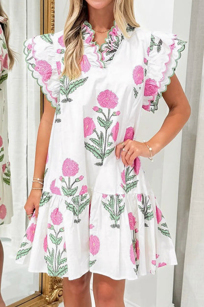 Sky Blue Wild Floral Print Scalloped Embroidery Trim V Neck Drop Waist Mini Dress - White / S / 50% Viscose + 50%