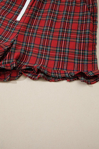 White Plaid Merry Slogan Embroidered Pocket Long Sleeve Shift Lounge Set