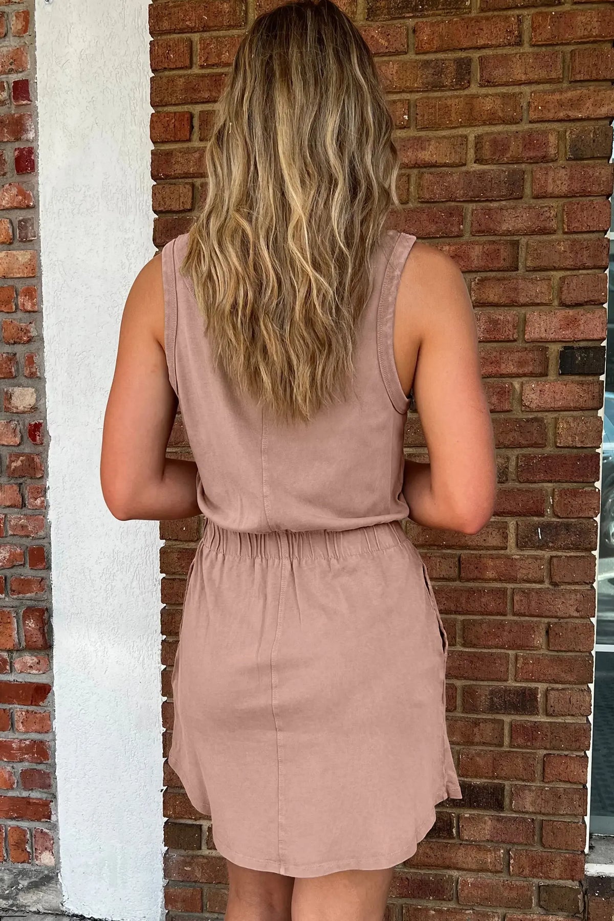 Cotton Smoke Gray Mineral Wash U Neck Elastic Waist Sleeveless Mini Dress