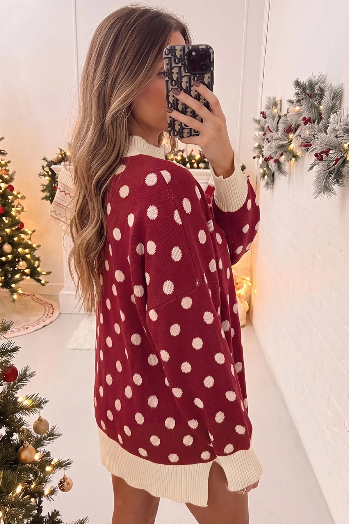 Polka Dot Pattern Ribbed Colorblock Trim Split Tunic Sweater