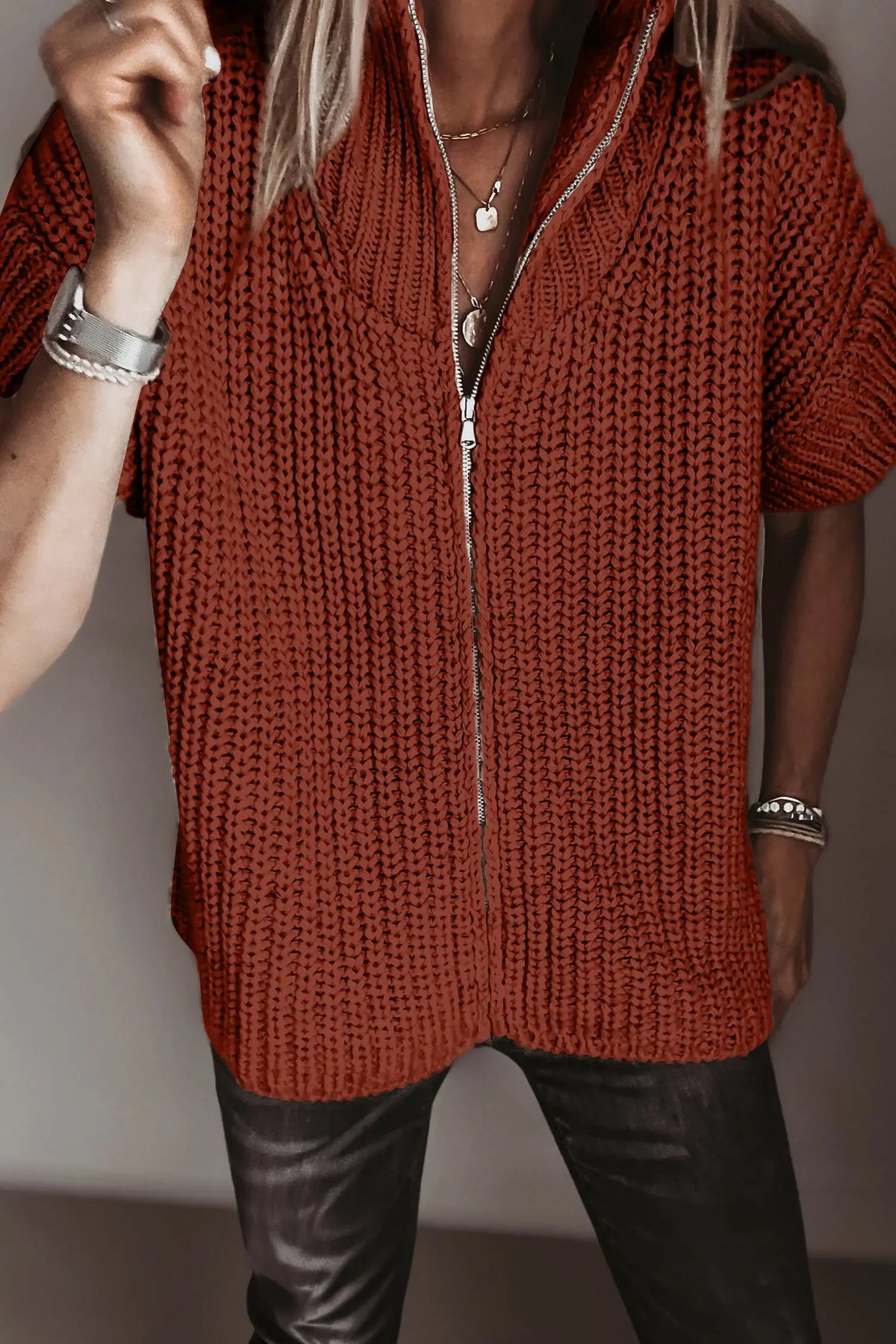 Cinnamon short sleeve zipper knit high neck sweater, model front view · nz-alt-v1