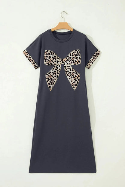 White Contrast Leopard Bow Patched Short Sleeve T Shirt Long Dress - Casual Dresses