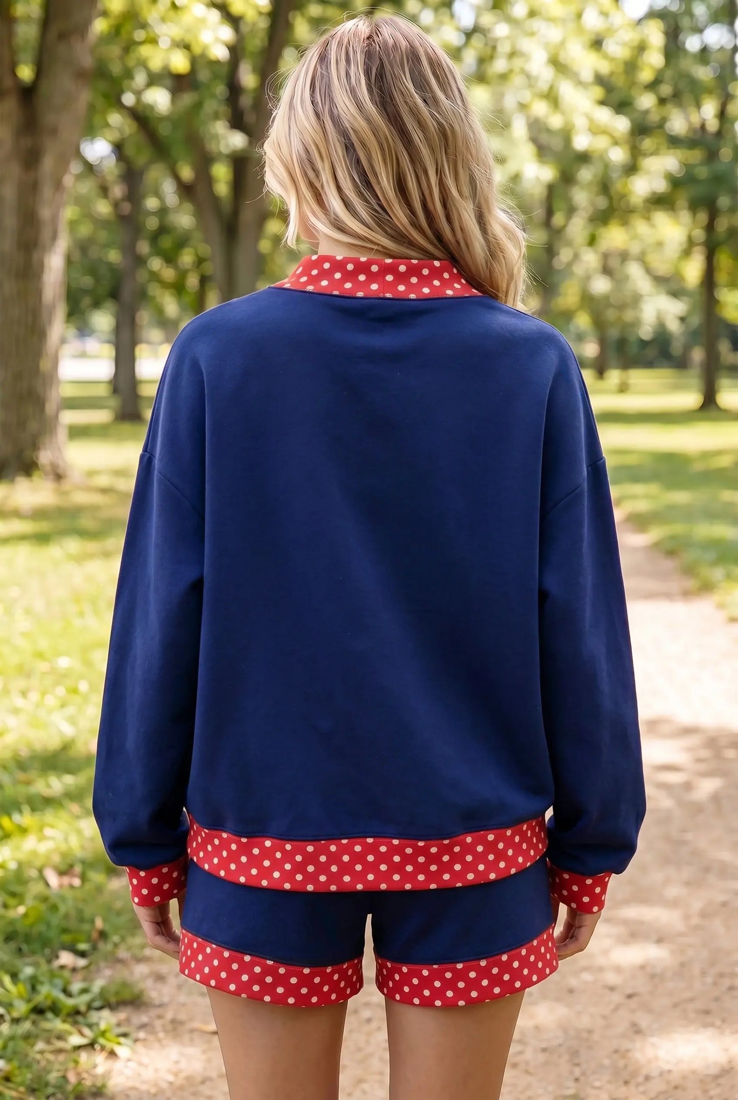 Dark Blue Polka Dot Trim Baggy Pullover 2pcs Short Set