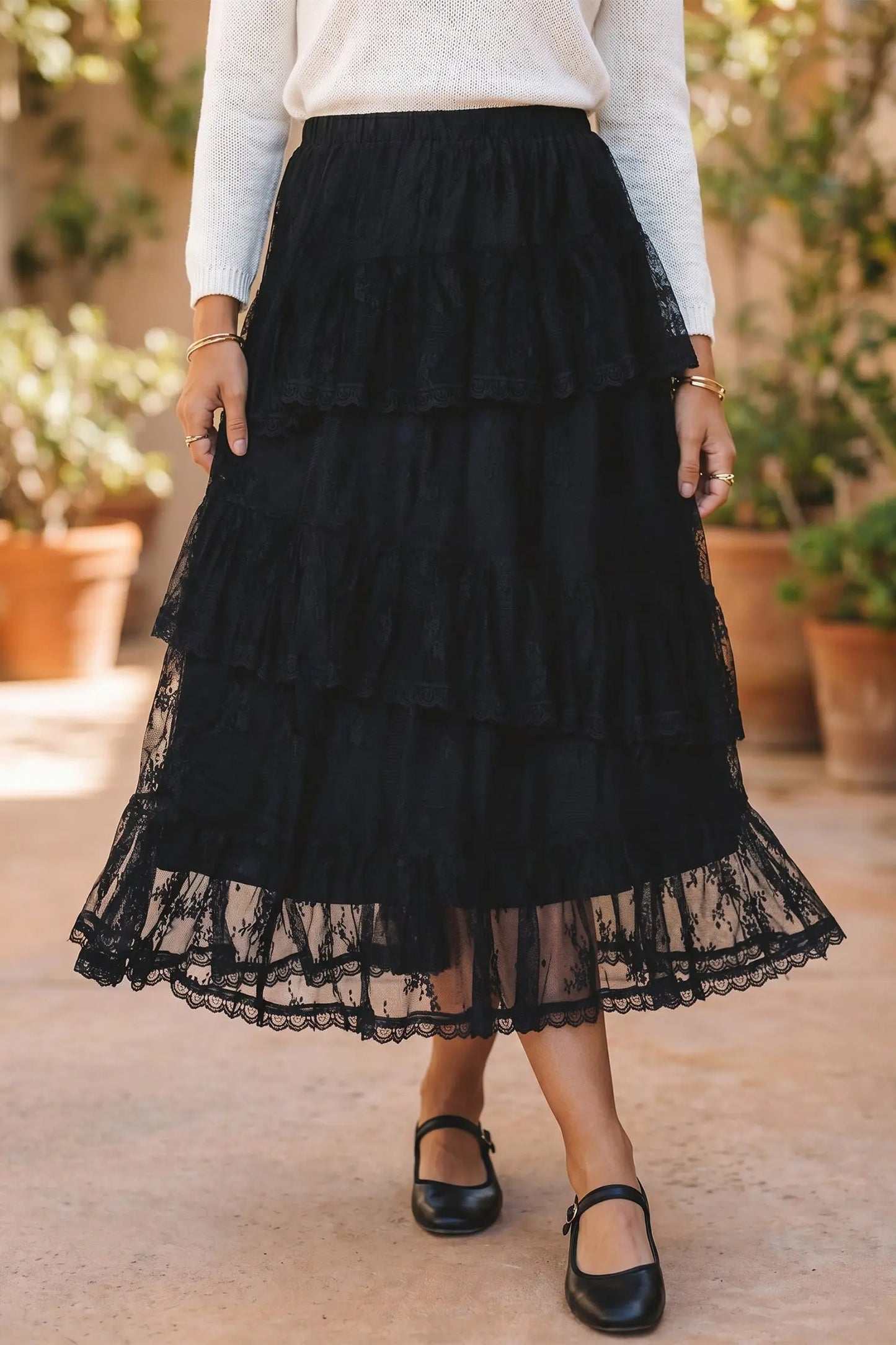Black Elegant Ruffle Lace Tiered Skirt