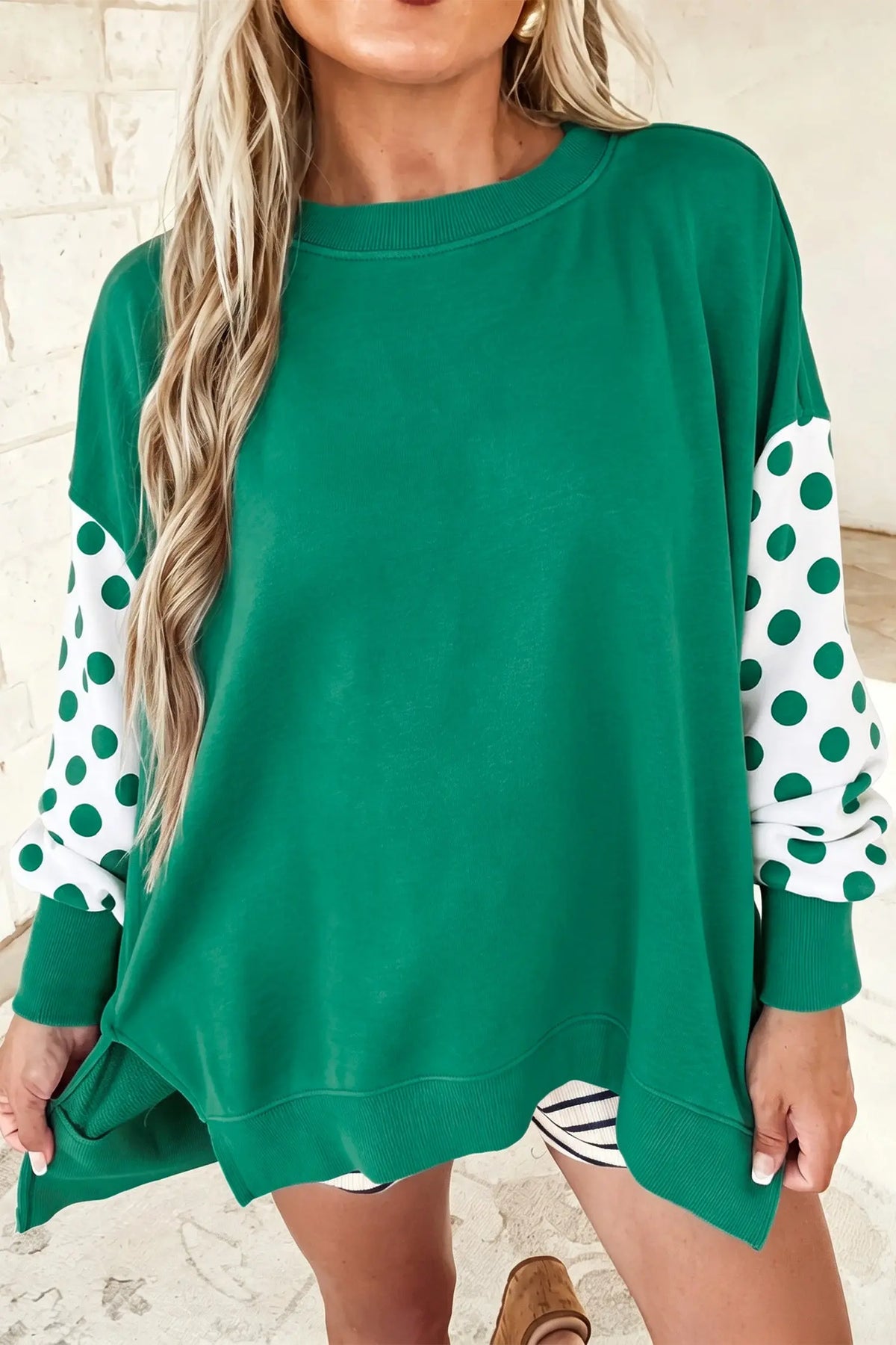 Khaki Polka Dot Patchwork Sleeve Crew Neck Loose Pullover Sweatshirt