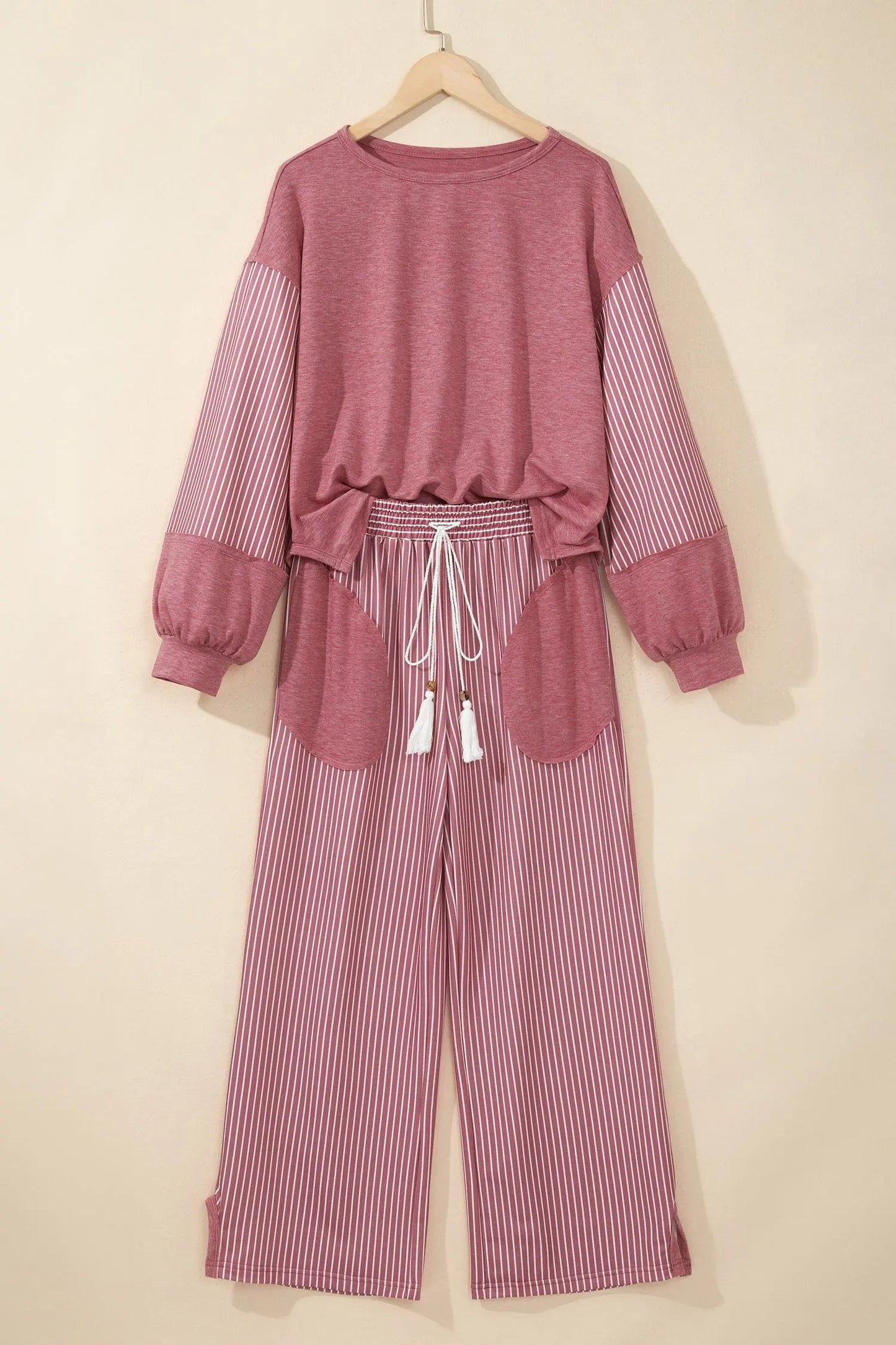 Green Bay Raw Seam Patchwork Long Sleeve Top Pocket Casual Pants 2pcs Set