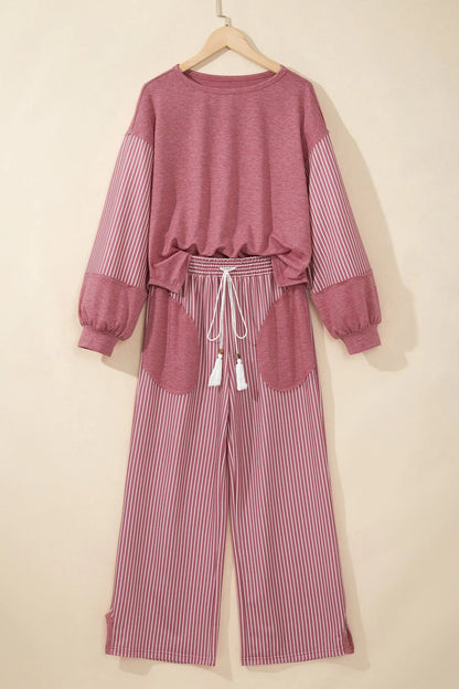 Green Bay Raw Seam Patchwork Long Sleeve Top Pocket Casual Pants 2pcs Set
