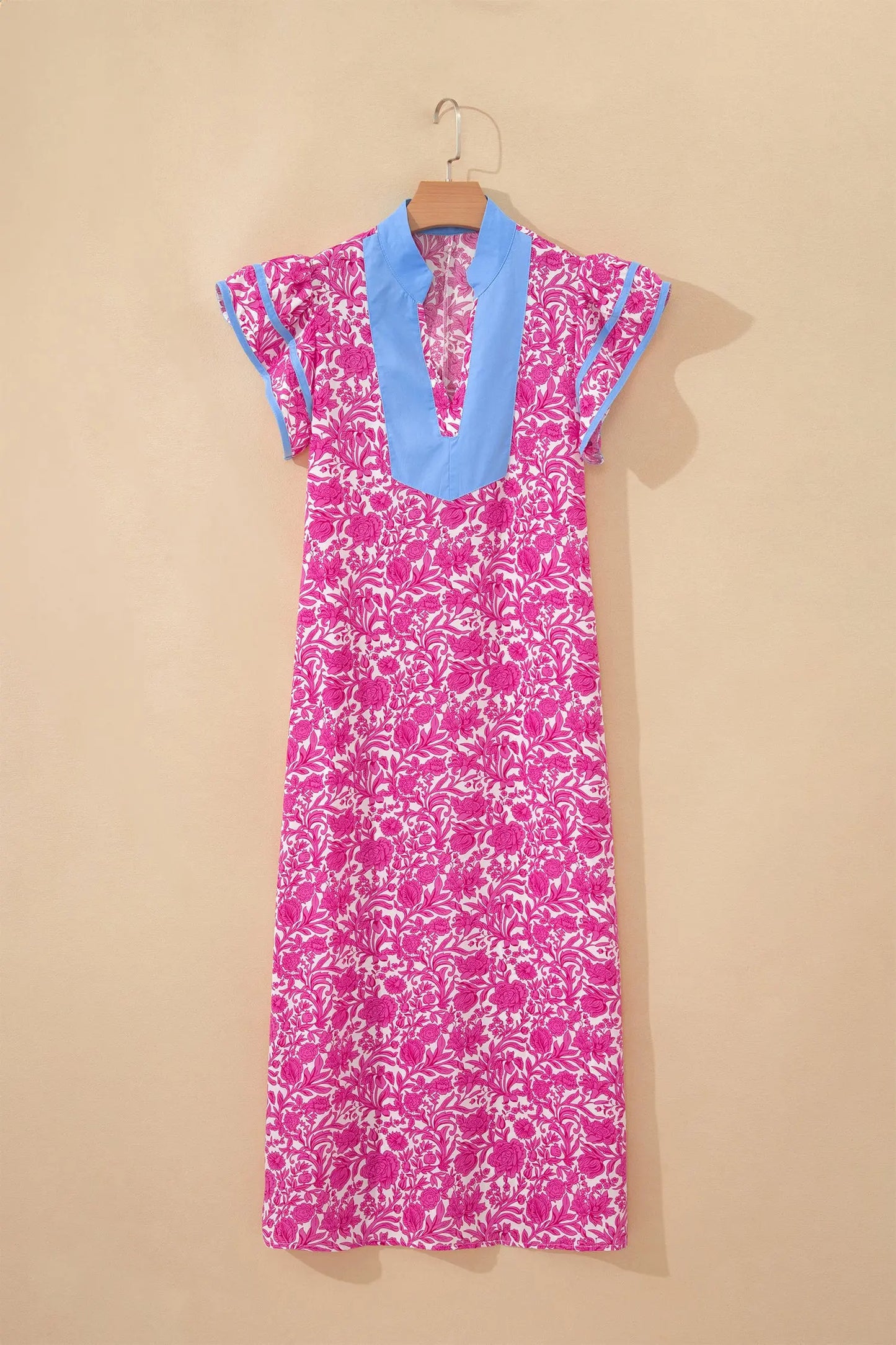 Pink Floral Print Color Block Patchwork V Neck Short Sleeve Midi Dress Nataliz