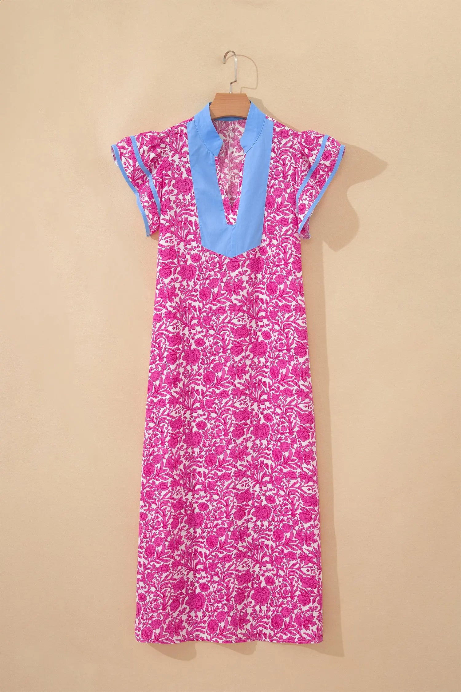Pink Floral Print Color Block Patchwork V Neck Short Sleeve Midi Dress Nataliz