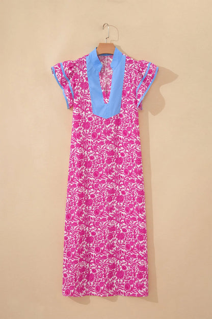 Pink Floral Print Color Block Patchwork V Neck Short Sleeve Midi Dress Nataliz