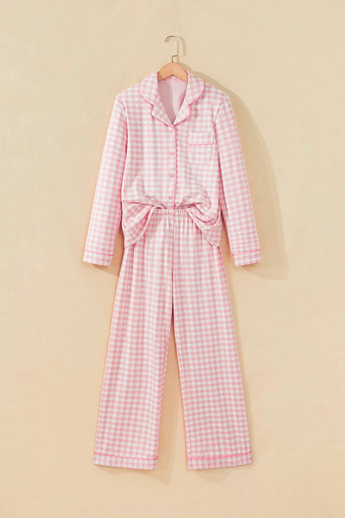 Pink Gingham Long Sleeve Lapel Shirt 2pcs Pajama Pant Set hanging view · nz-alt-v1