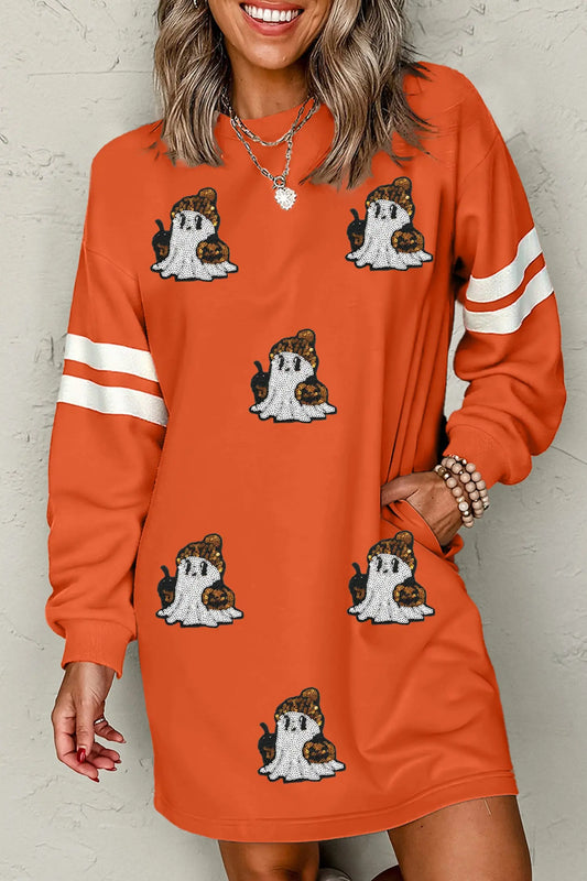 Orange sequin ghost varsity sleeve sweatshirt mini dress model front view · nz-alt-v1