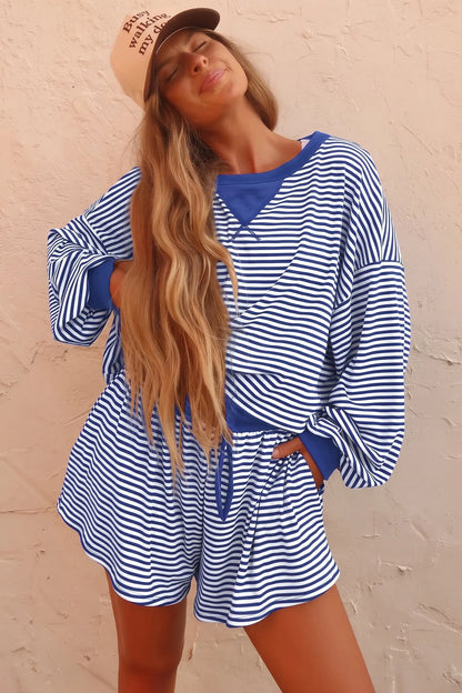 Blue Stripe Oversized Long Sleeve Top Drawstring Loose Shorts 2pcs Set