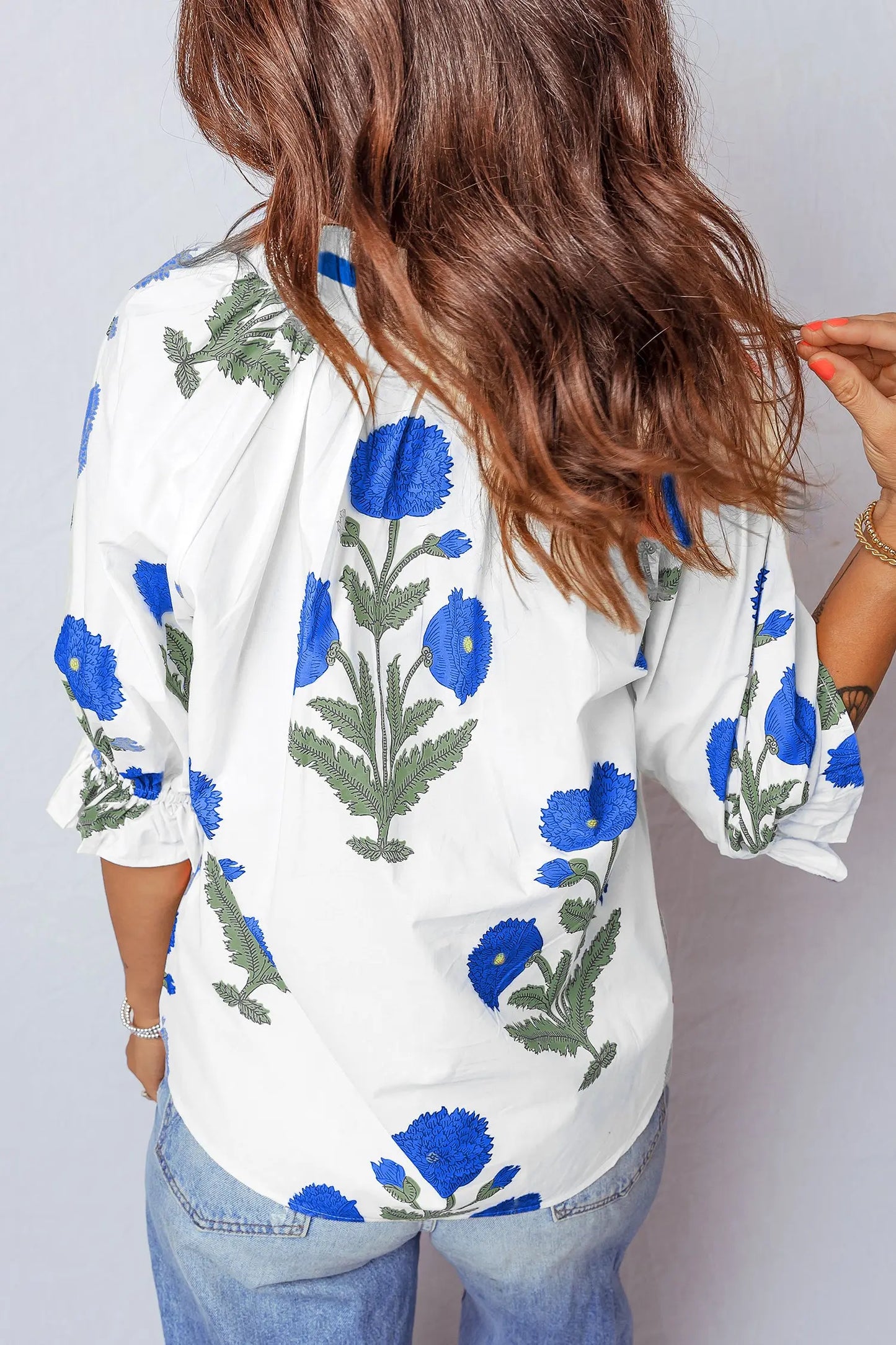 Sky Blue Casual Wild Flower Print V Neck 3/4 Sleeve Blouse Nataliz