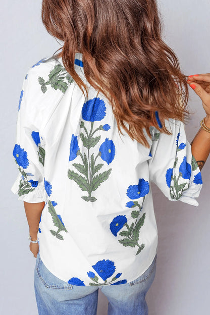 Sky Blue Casual Wild Flower Print V Neck 3/4 Sleeve Blouse Nataliz